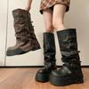 Winter Designer Splicing Round Toe Women Knee High Boots Fashion Platform Thick Heels Shoes  De Mujer