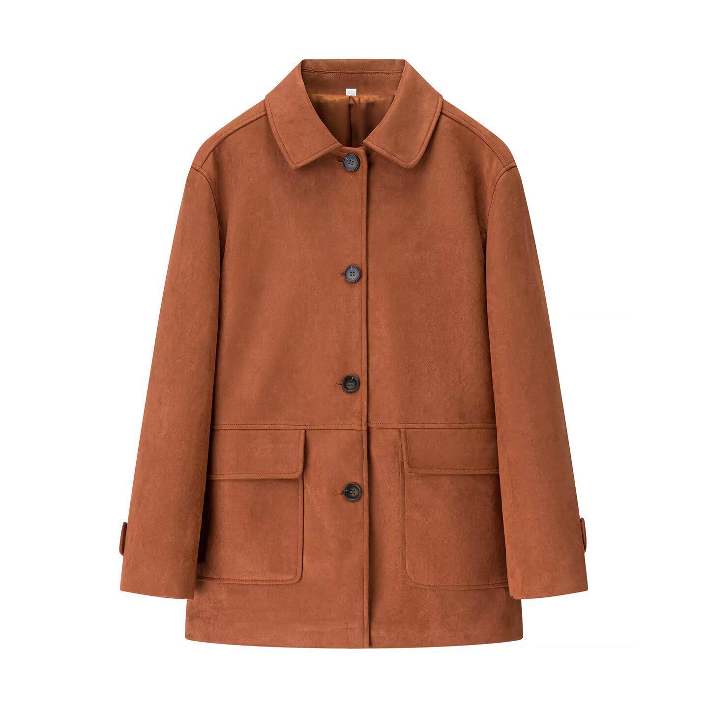 

European American Women s Casual Suede Lapel Jacket - Fashionable, Versatile Style M світло-коричневого кольору