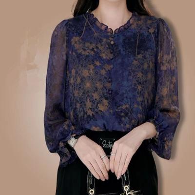 Spring Autumn Printing Edible Tree Fungus V-neck Shirts Women's Button Chiffon Vintage Floral Temperament Thin Blouses