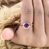 Round Cut Amethyst Ring, 14 K Rose Gold Plated Silver Bezel Engagement Ring with Diamond Accents,