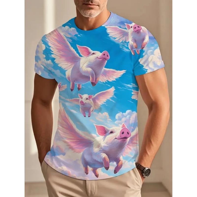 3D Print Men's Funny Flying Pig Graphic T-Shirts Clothes Summer Round Neck Short Sleeve Cute Pig Casual T-shirts