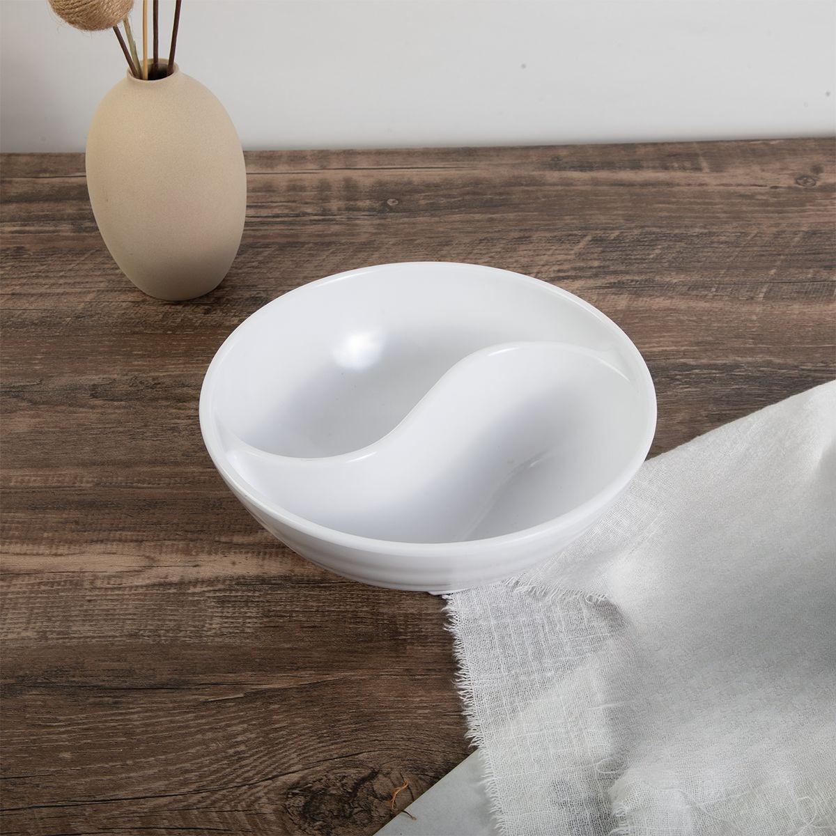 Japanese Style White Melamine Commercial Dual Compartment Soup Bowl Round Partitioned Tableware