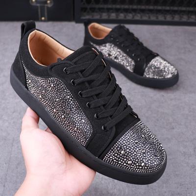 New Designer Men's Charm Rhinestone Black White Lace Up Shoes Male Causal Flats Moccasins Walking Sneakers