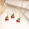 Sweet Red Cherry And Green Leaf Collarbone Necklace Earring Set Women Fashion Pendant Jewelry Gift Box Accessories