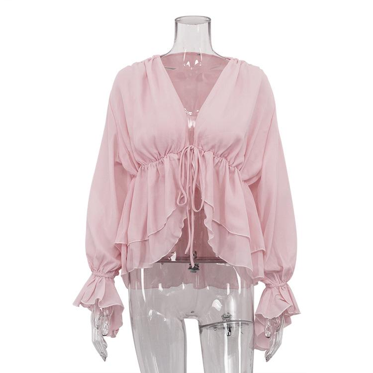 European and American women's clothing new sexy babes lace-up long-sleeved top pleated loose design French shirt women