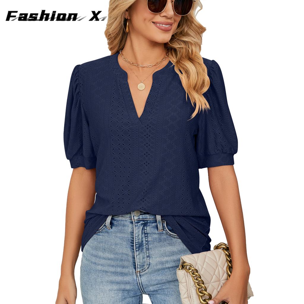 Europe and The United States 2024 Summer Casual V-neck Solid Color Hollow Bubble Sleeve Loose T-shirt Blouse Female