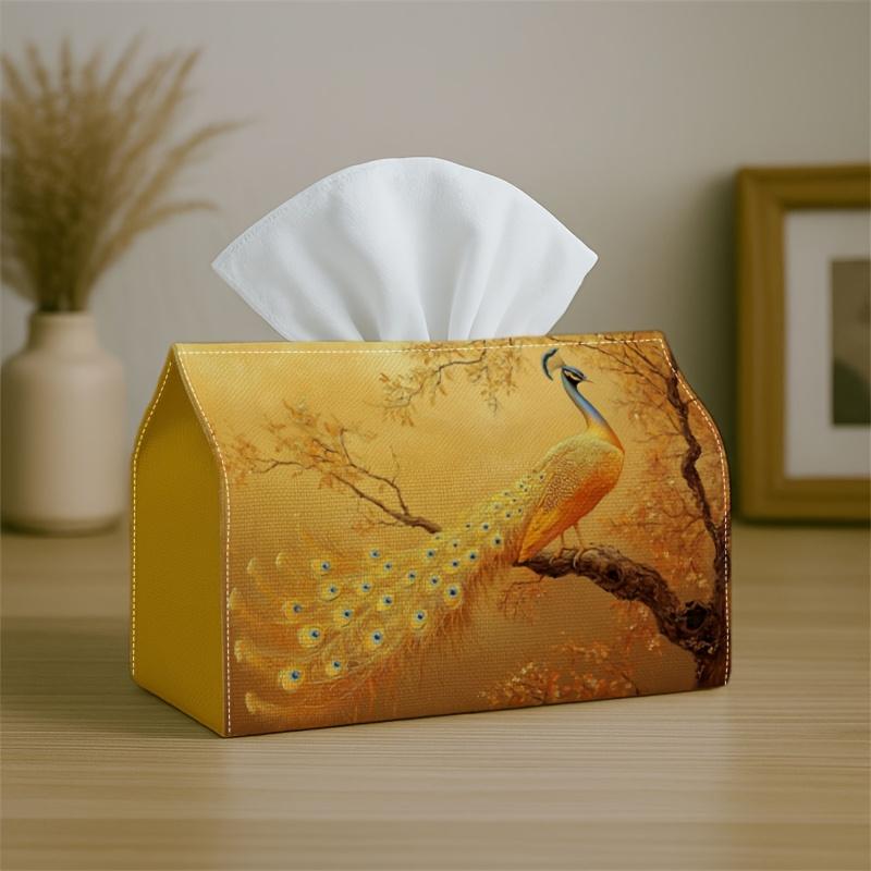 1pc PeaRooster Tissue Box Cover with Autumn Tree & Feather - Foldable Toilet Paper Holder Cover, Lightweight Durable Suitable for Living Room, Kitchen