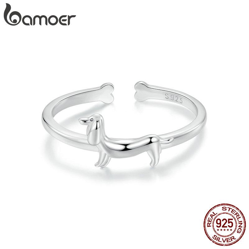 BAMOER 925 Sterling Silver Cute Dachshund Ring for Women Lovely Pet Dog Open Ring Statement Ring Jewelry Gift for Pet Lover