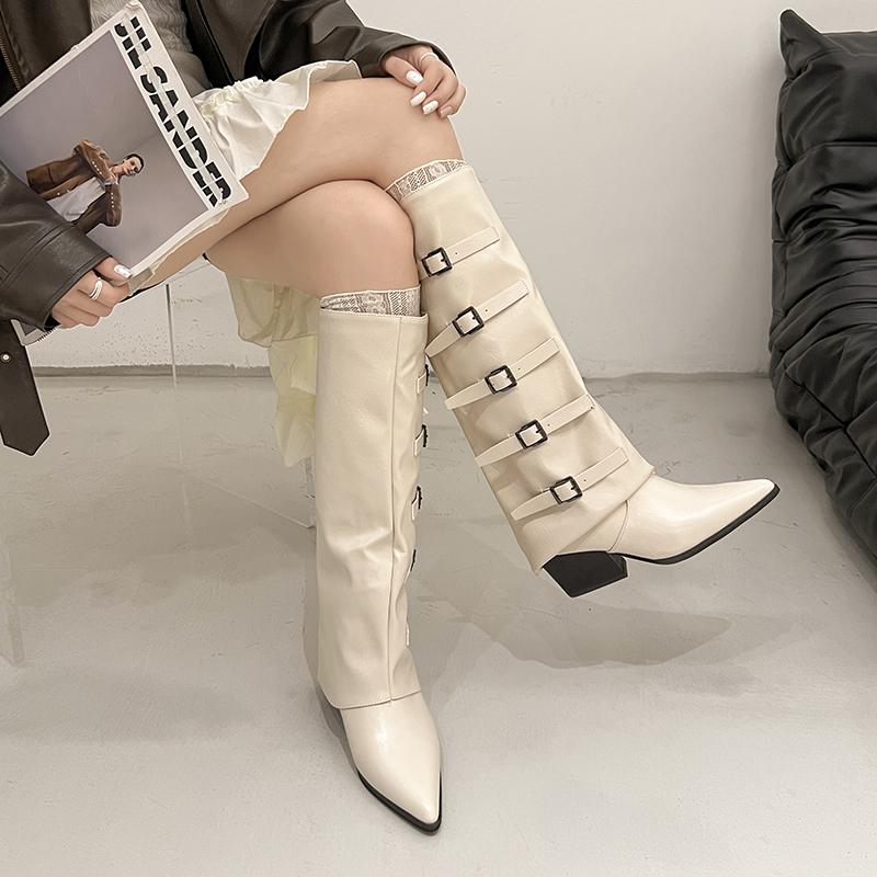 Fashion Pointed Toe Women Knight High Boots Designer Belt Buckle Platform Heel Shoes Autumn Winter Thick Heel Ladies Long Booties