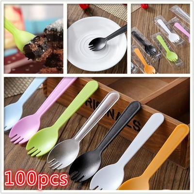 100pcs/lot Disposable Fork Spoon Plastic Tableware Cake Fork Independent Packaging Wedding Birthday