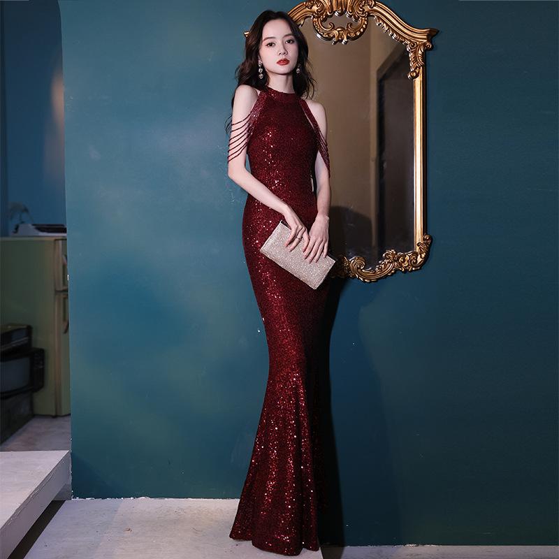 Golden Evening Dress 1011 New Light Luxury Niche Neck Temperament Celebrity Fish Tail Waist Banquet Dress Bright