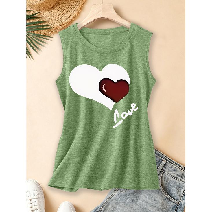 2026 Vintage Double Layer Heart LOVE Hand Painted Print Women Sleeveless Vest Round Neck Daily Commute Spring Summer Autumn Tank Top