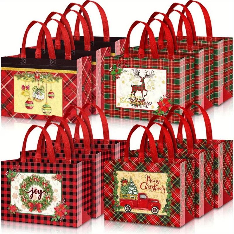 Reusable Plaid Christmas Easter Gift Handbags Non-Woven Handbag Women Folds Large Capacity Tote Shopping Storage Organizer Bags