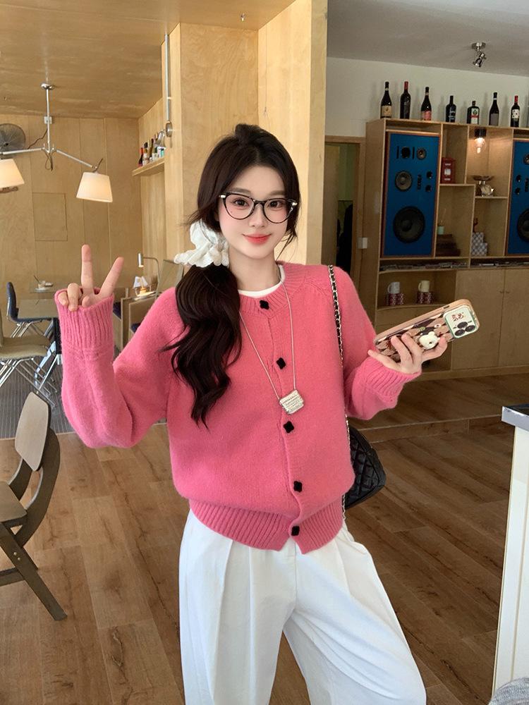 Damen Plus Size Süßer Gestrickter Pullover im Koreanischen Stil mit Quadratischer Schnalle