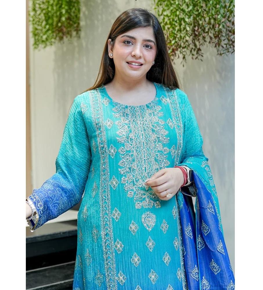 Wunderschönes Designer Chinon Kurti Set Damen Bollywood Partykleidung Kurta Hose Dupatta Set Salwar Kameez