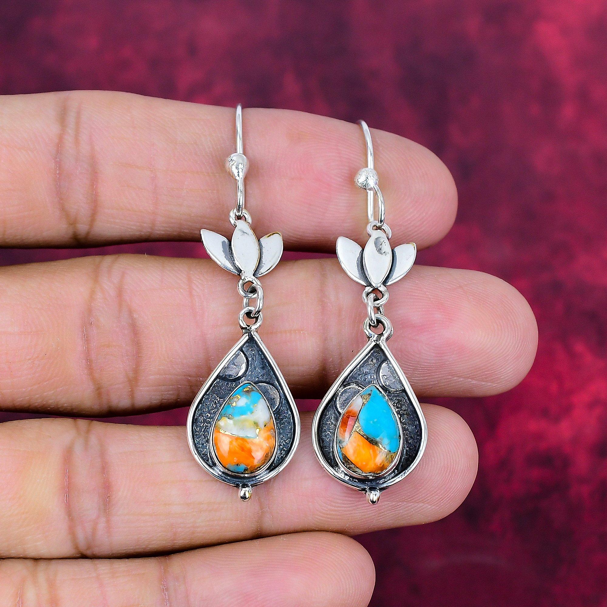 

Оранжевые колючие серьги из медной бирюзы, Ювелирные изделия из драгоценных камней из цельного стерлингового серебра 925 пробы, Серьги ручной работы, На День благодарения 2.36 Inches