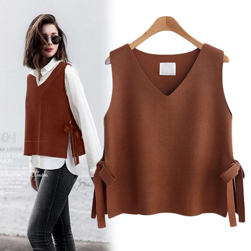 Autumn and Winter Knitted Siping Lace-up Vest, V-neck Pullover Vest, Loose Outer Sleeveless Sweater Waistcoat