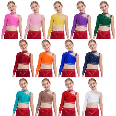Top de Danza para Niñas con Pedrería Brillante Crop Top, Diseño Único de Hombro Irregular para Actuación en Escenario y Competición de Danza