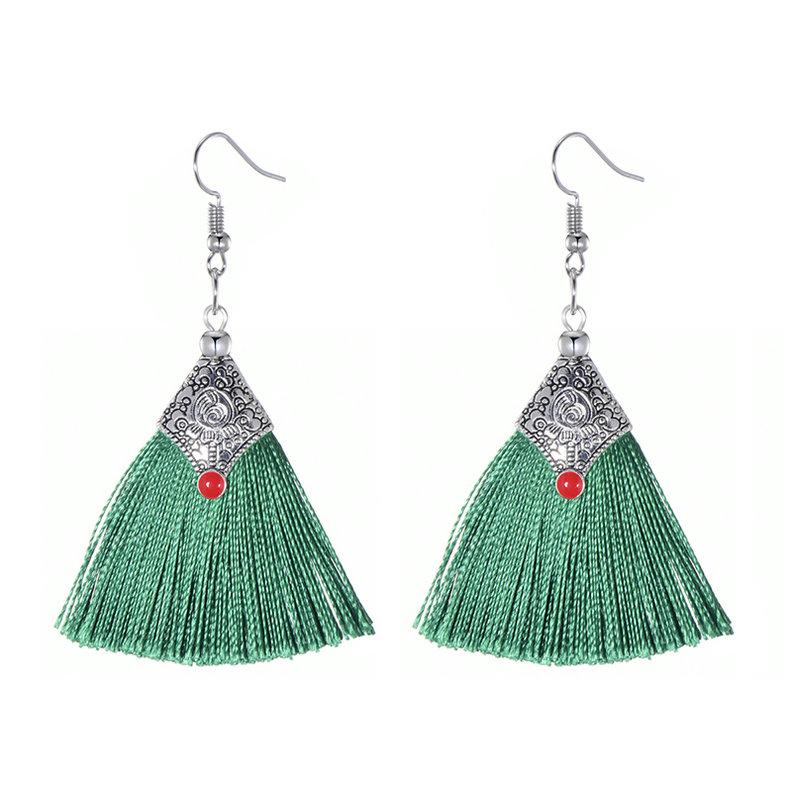 

Fashion Silk Fabric Tassel Earrings Bhoemian Fringed Red Blue Black Pink Green Vintage Statement Drop Dangle Earrings For Women зелений