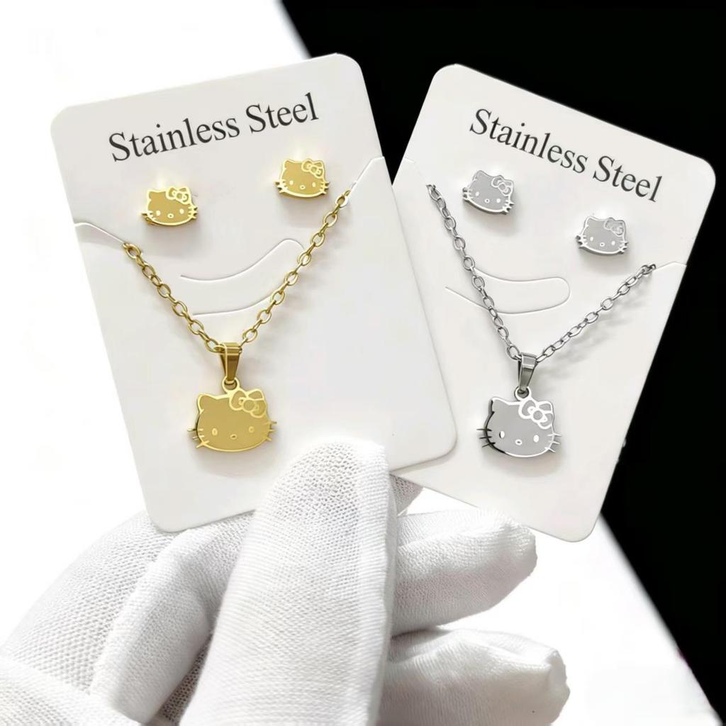 KT Cat Sweet Earrings & Necklace Set: Cute Cartoon Design for Girls