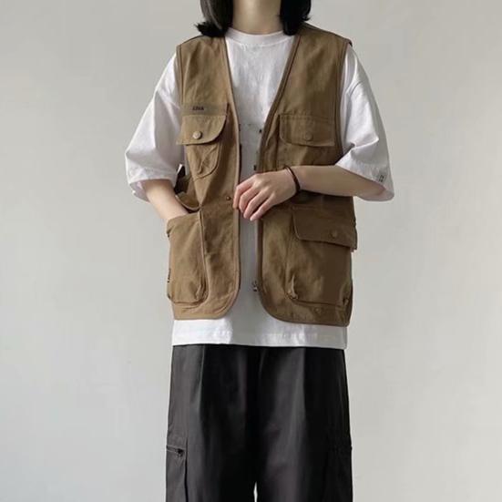 Unisex ležérní vesta bez rukávů s mnoha kapsami design vesta kabát zip knoflíky zapínání bunda cargo