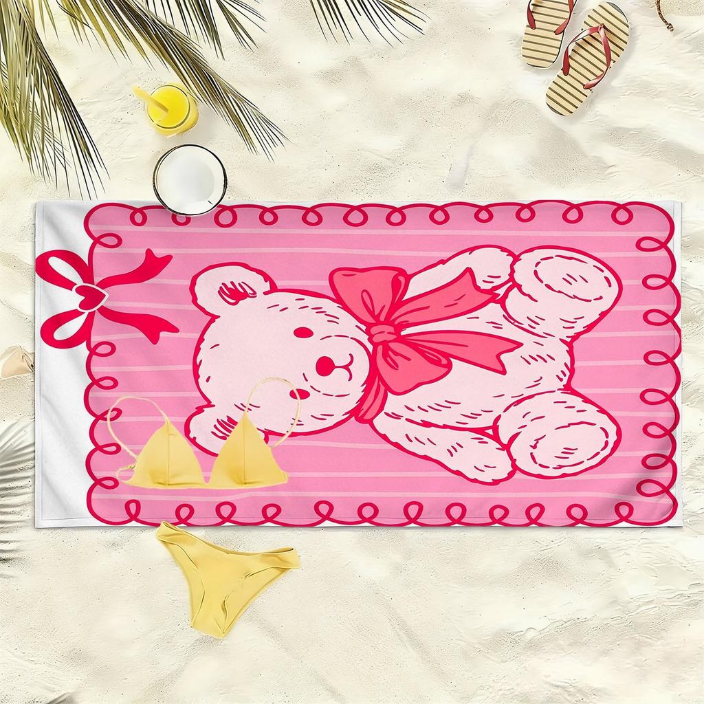 Pink little bear cute cartoon pattern polyester microfiber beach towel is highly absorbent, suitable swimming and beach outings