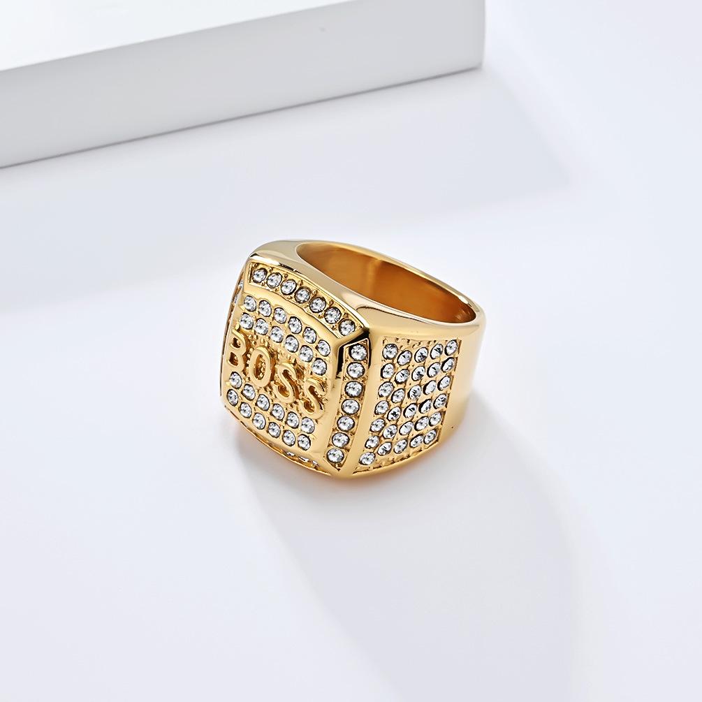 Anello Hip Hop Lucido con Zirconi "BOSS" da Uomo Anello in Acciaio Inossidabile Gioielli Placcati Oro