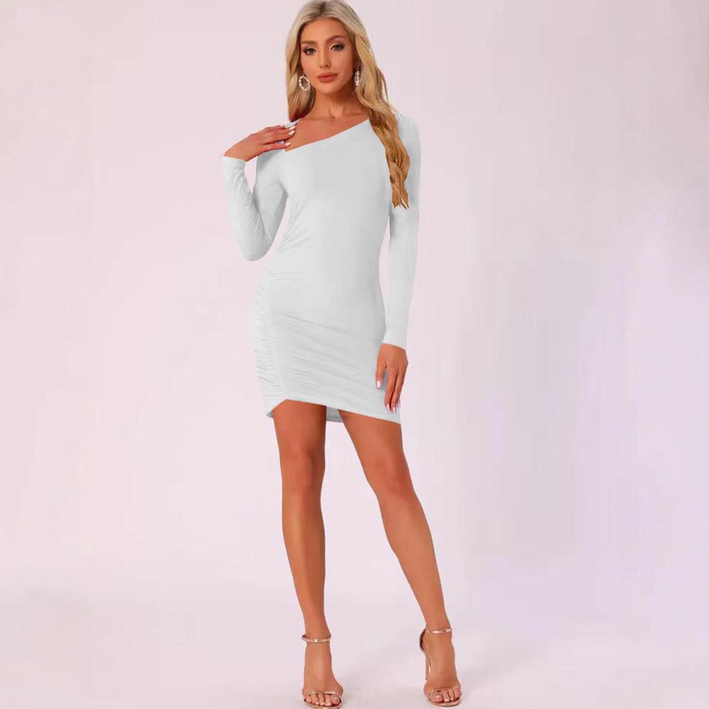 European & American Women's One-Shoulder Wrap Dress: Solid Color, Slim Fit with Elegant Pleated Design
