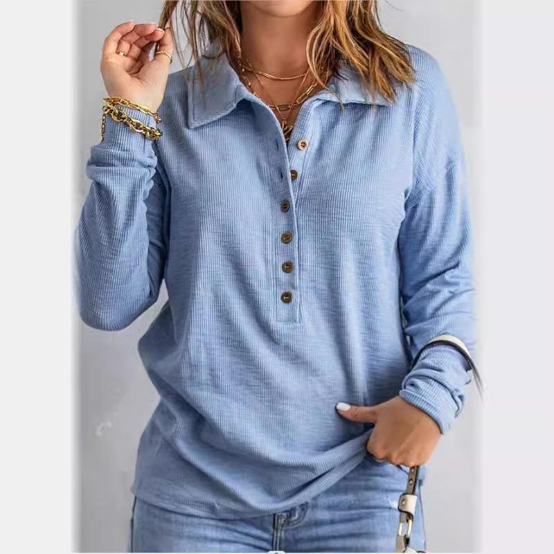 Women's Fashion Casual Spring Autumn Solid Color Print Long Sleeve POLO Neck Blouses & Shirts