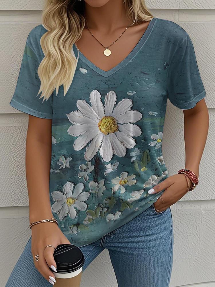 Flower Floral Painting 3D Print T-Shirts Women's V-Neck Short Sleeve T Shirt Y2K Oversized Tees Harajuku Tops Female Clothing