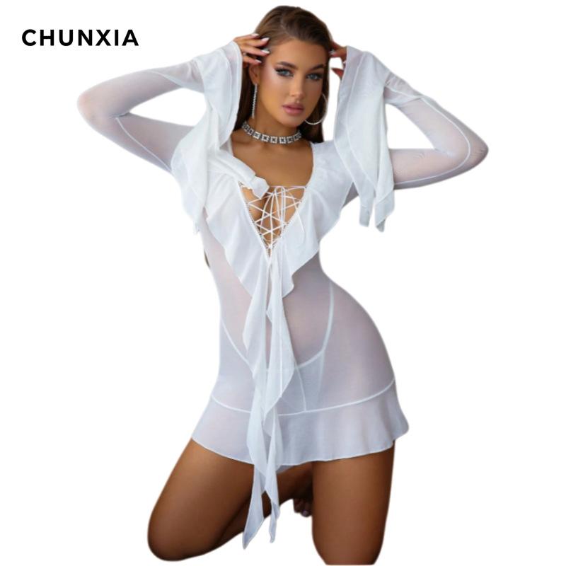 Sexy new women's dress ruffle leaf see-through dress women