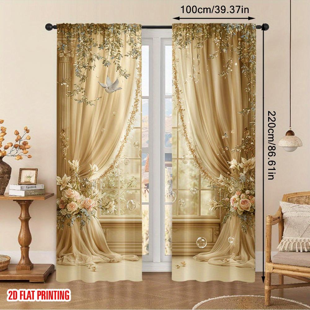 Elegant Floral Dove Print Curtains Polyester Living Room Kitchen Bedroom Sheer Set Of 2 Made With Rod Pocket Decor