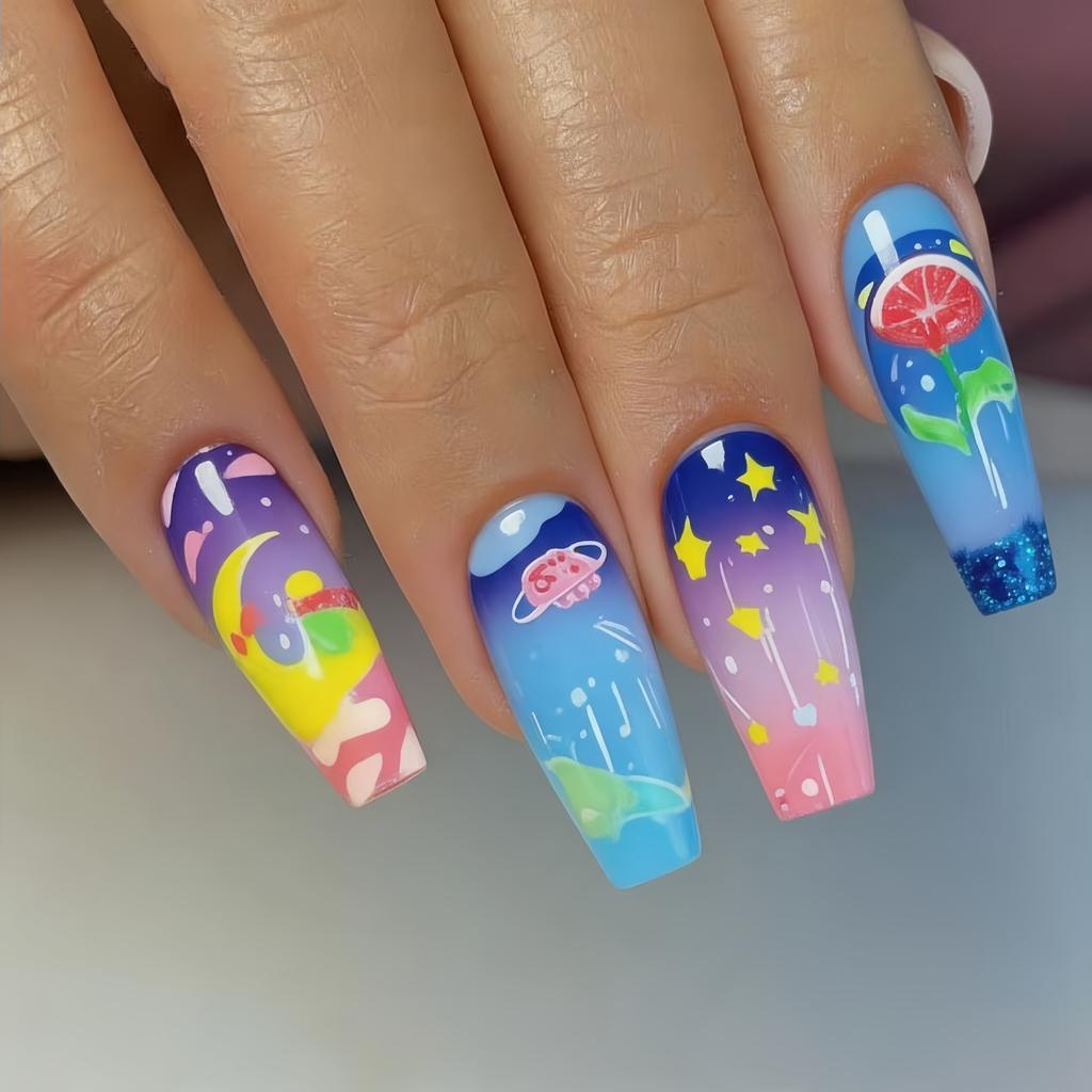 Medium-length Ballet-shaped Manicure, Dream Planet Flower Nail Art Patches, Colorful Star And Moon Nail Art Patches