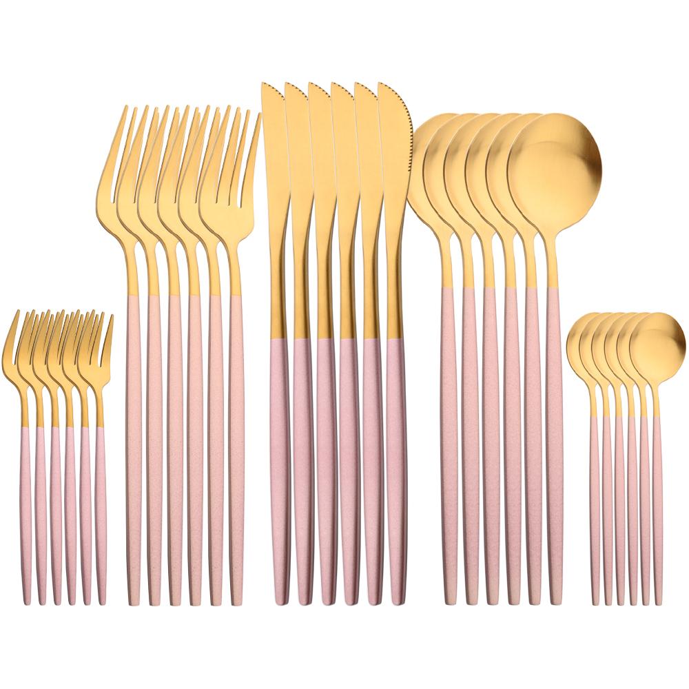 30-piece Black Handle Gold Cutlery Set Matte Finish Dinnerware Set Stainless Steel Knife Fork Spoons Kitchen Utensils Complete
