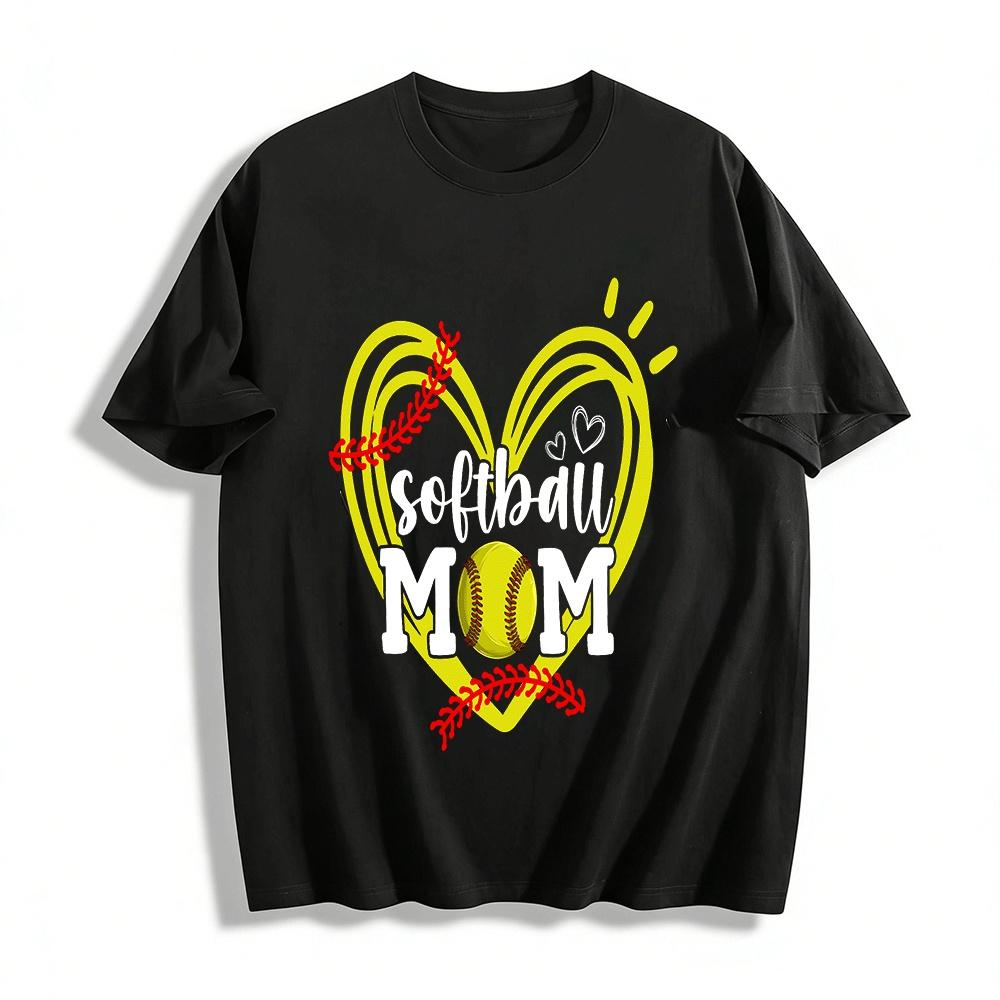 Softball Mom Heart Print Casual Short Sleeve T-Shirt Pure cotton T-shirt XXS
