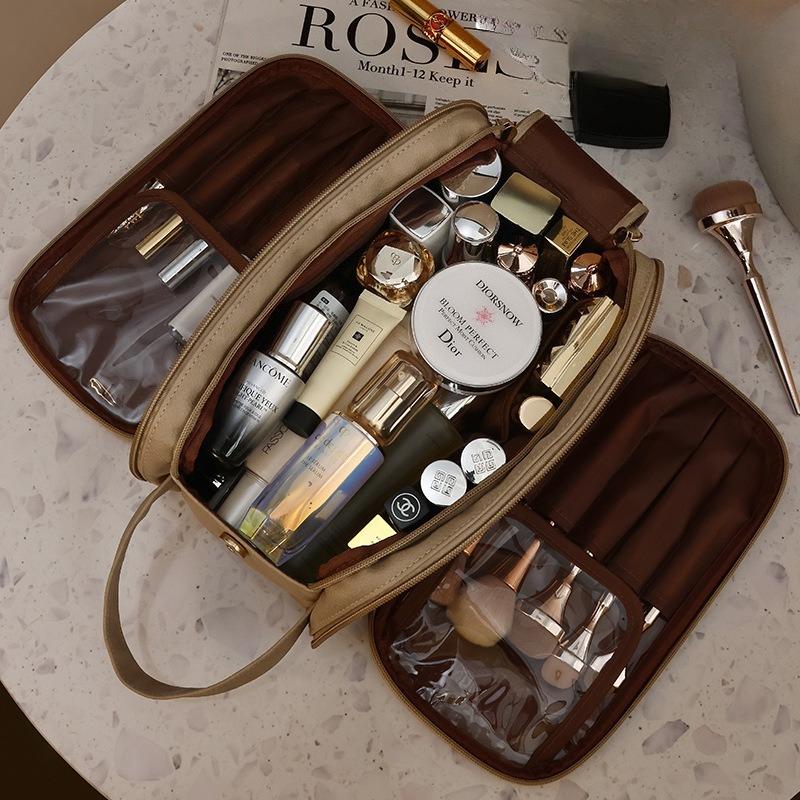 Multifunktionale Kosmetiktasche für Damen PU-Leder Große Kapazität Tragbar Doppelter Reißverschluss Reise-Kosmetikpinsel Toilettenartikel Aufbewahrungstasche