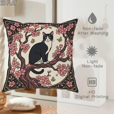 1/4pcs Vintage Art Nouveau Sakura Tuxedo Cat Throw Pillow Cover Home Farmhouse Outdoor Decoration Cushion Cover