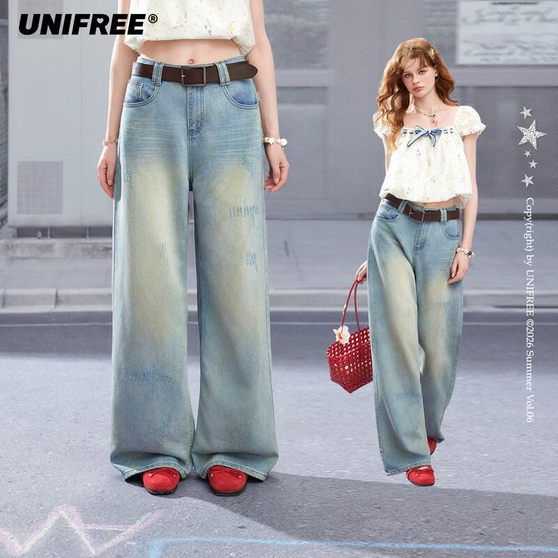 UNIFREE Vintage Washed High-Waist Wide-Leg Jeans L