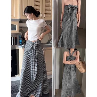 Black and White Plaid Skirt Women's Summer Long Skirt New Summer a Word Strap Retro Long Skirt Wear