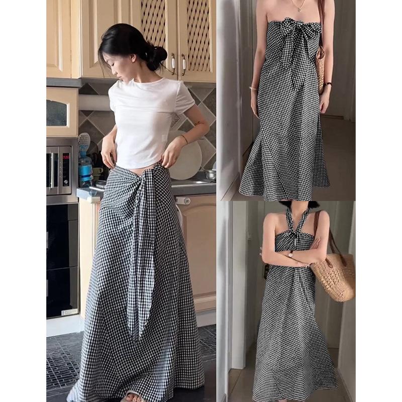 

Black and white plaid half body medium and long dress women s new royal sister high waist thin lace-up a word retro skirt big swing S