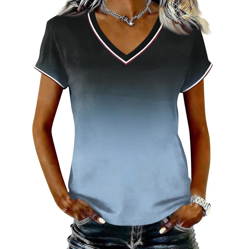Camiseta Casual de Mujer con Cuello en V y Manga Corta, Jersey con Estampado Degradado, Tejido Ligero y Suave, Ajuste Cómodo