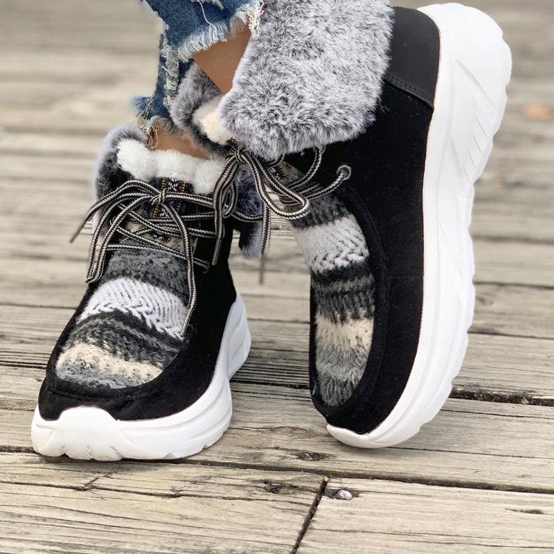 Große Schneestiefel für Damen sind im Herbst und Winter beliebt, neue warme und bequeme Schnür-Baumwollstiefel mit flachem Boden und Umschlag für Damen