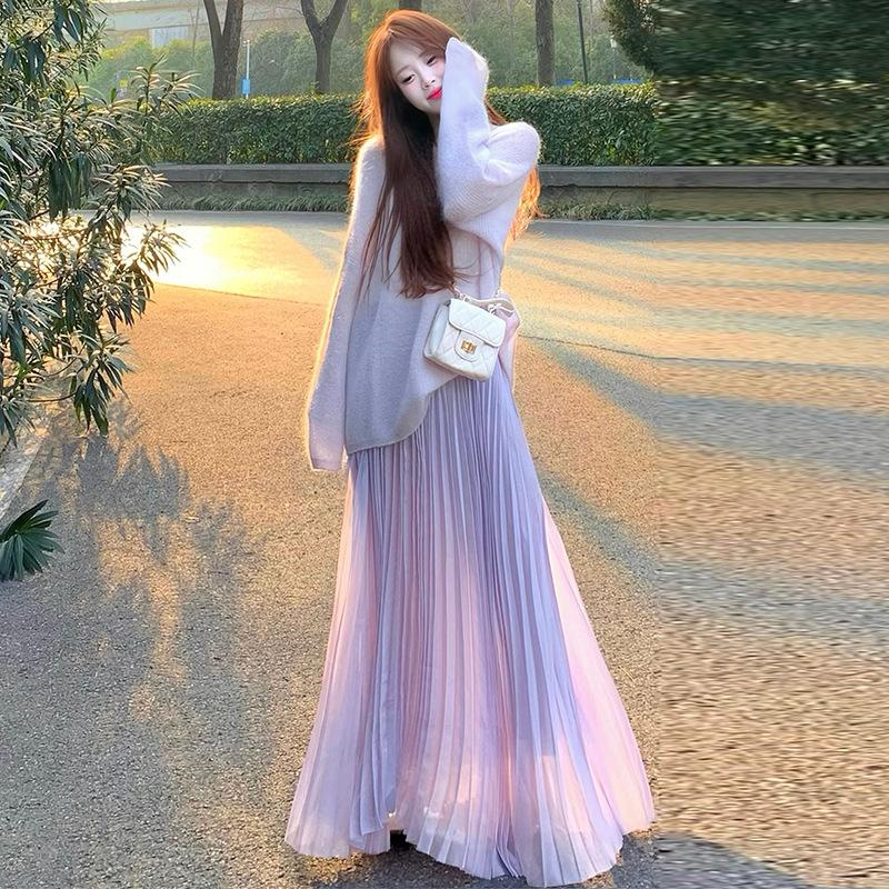 Korean Purple Pleated Skirt for Women In Summer New High-waisted A-line Hip Umbrella Skirt Small Pleated Skirt