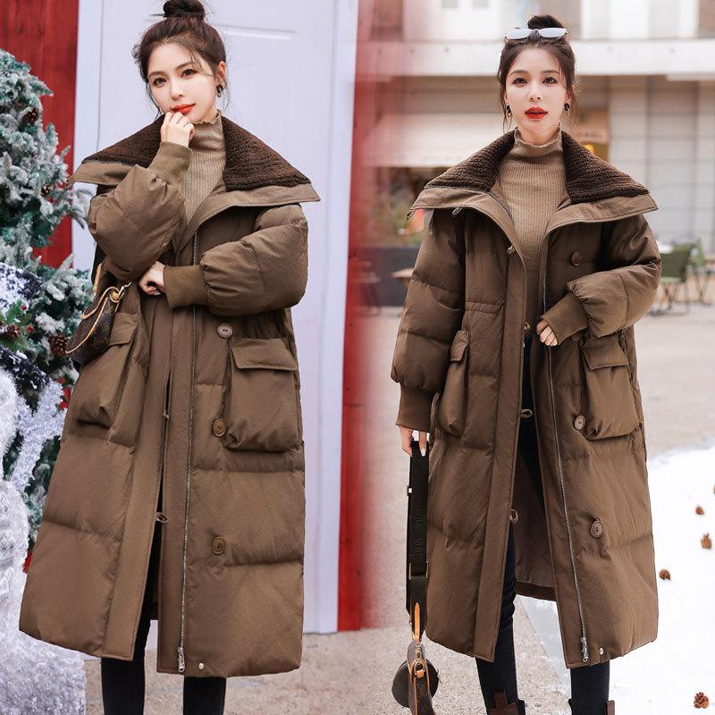

Padded clothes women s winter long design sense padded clothes over the knee long large lapel padded jacket retro coat L хакі