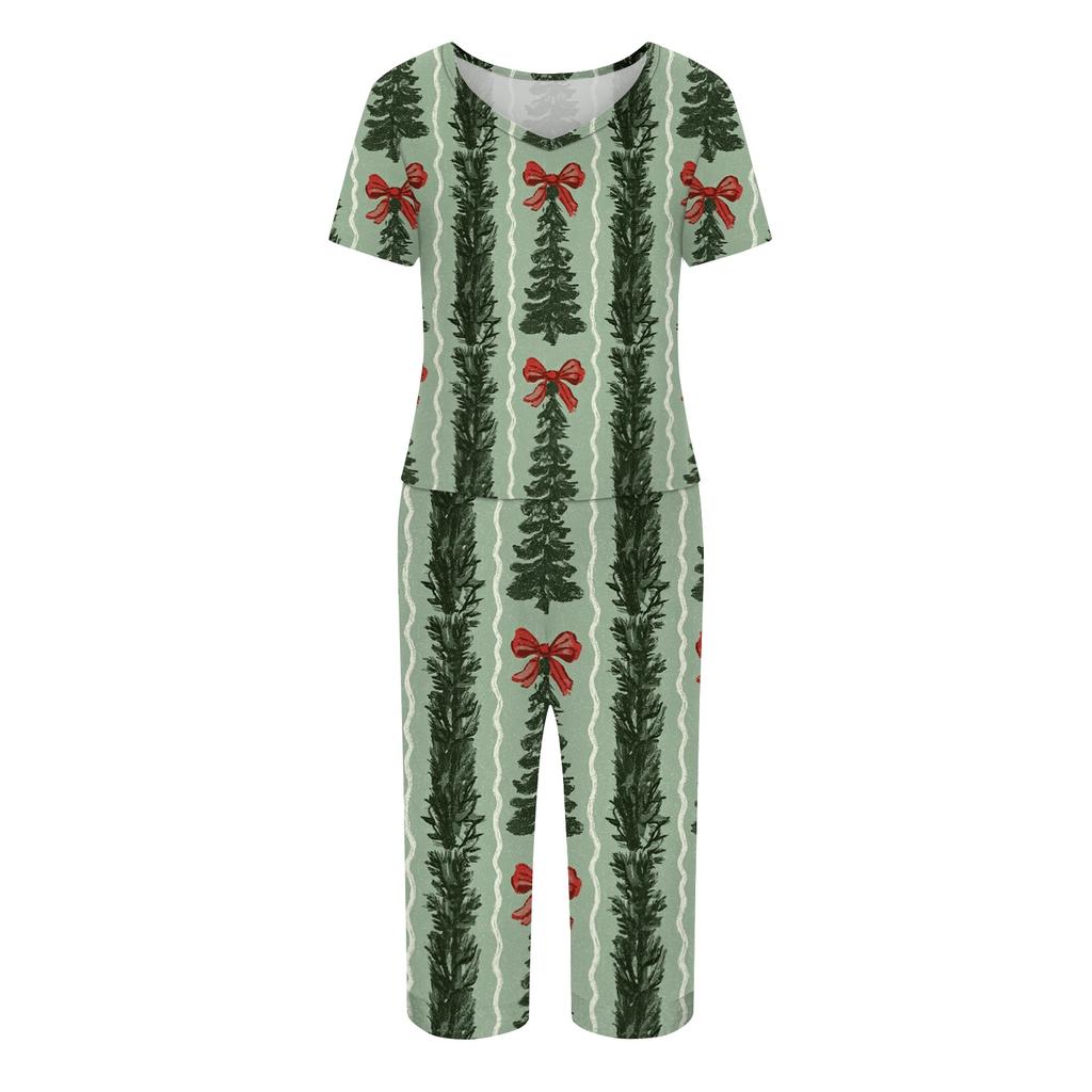 Women's Two-Piece Outfit Set with Christmas Print Short Sleeve Top and Pants