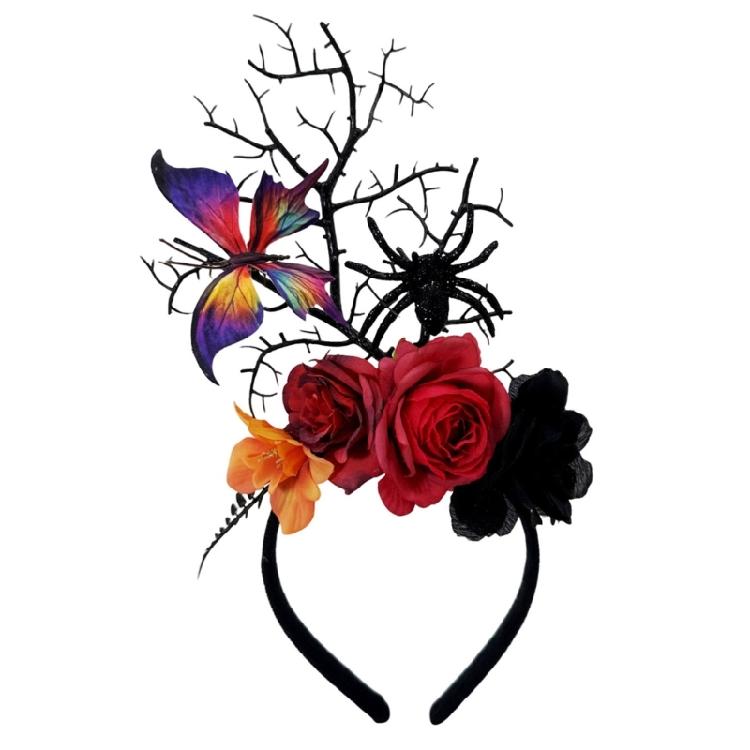 

Dark Series 3D Flower Spiders Headbands with Branch Design Halloween Hairhoop for Theme Parties Gathering Dressingup червоний