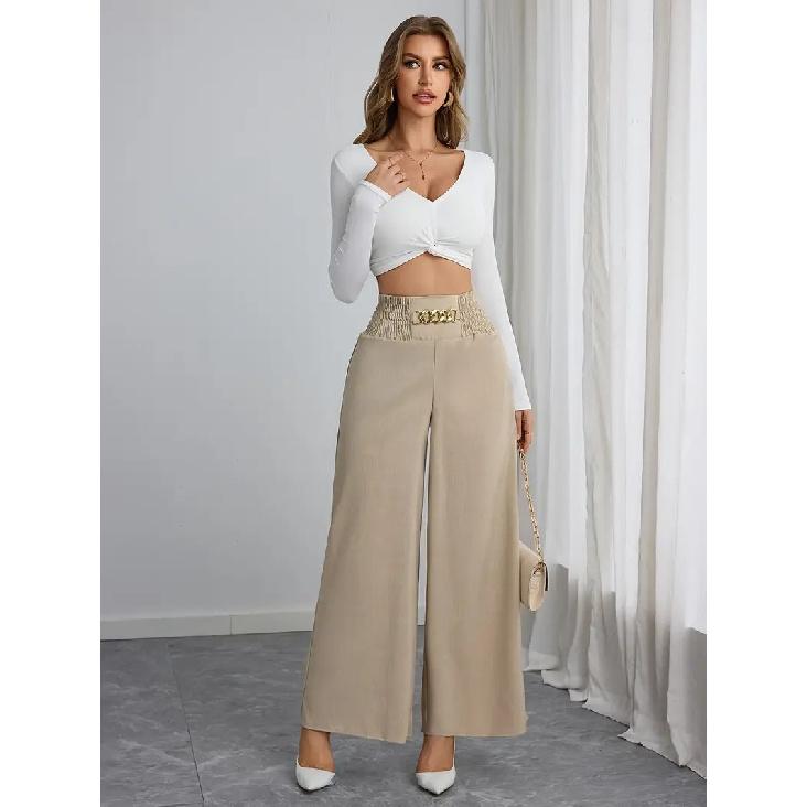 Women's new high waisted slimming style commuting solid color chain spring and autumn wide leg pants