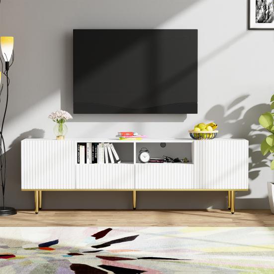 TV-Möbel Schrank Geräumige Arbeitsplatte mit 2 Türen Fächern Schubladen Goldene Unterhaltungsmöbel Füße Mid-Century Modern Stand Wohn