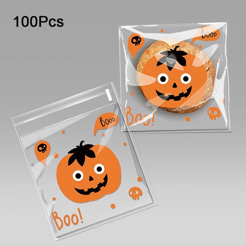 100Pcs Self-adhesive Trick or Treat Bags Plastic Candy Cookie Bags Halloween Candy Bags  Party