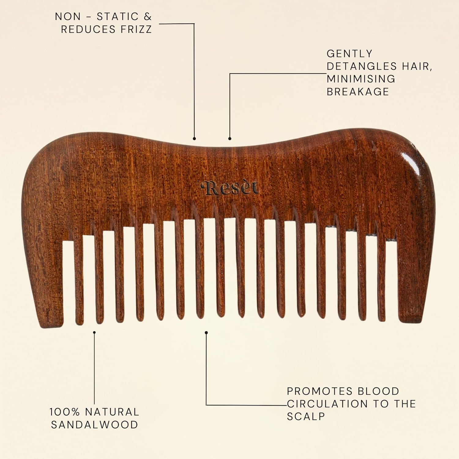 100% Натуральный Ручной Гребень из Сандалового Дерева | Мягкий Деревянный Гребень с Широкими Зубьями для Влажных и Сухих Волос | Экологичный Антистатический Деревянный Массажный Гребень | Деревянный Волос